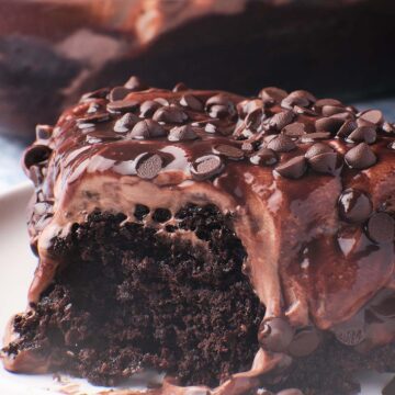 a slice of chocolate poke cake up close.