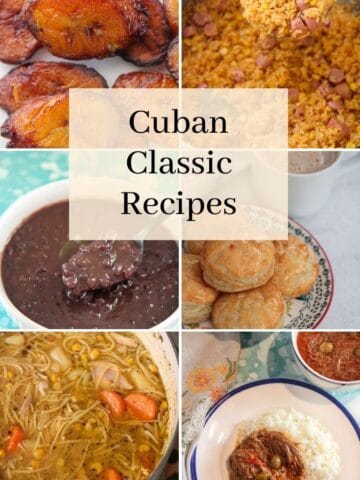 collage with 6 photos showing Cuban recipes.