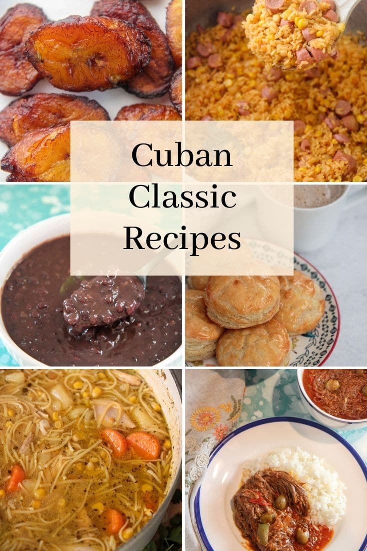collage with 6 photos of Cuban recipes. 