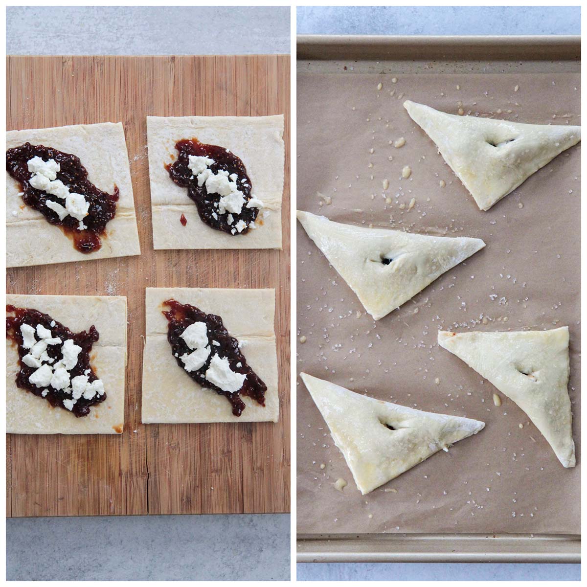 collage showing how to make fig and goat cheese turnovers. 
