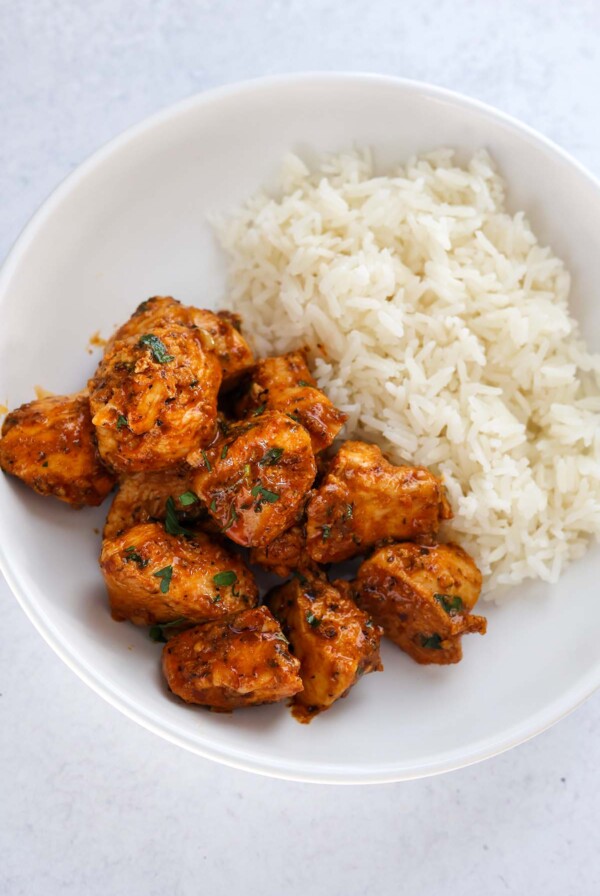 garlic butter chicken bites with white rice.