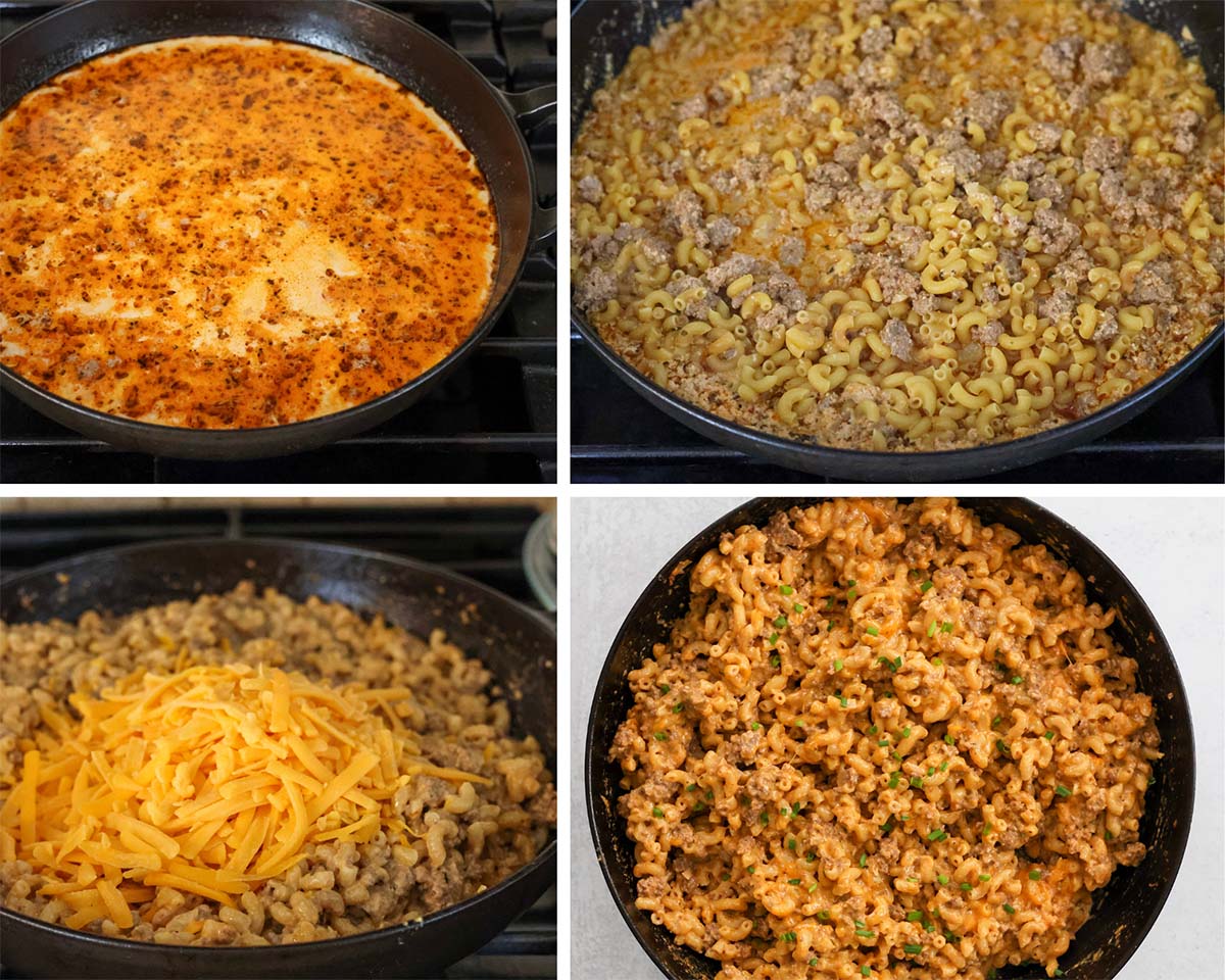 four photo collage showing how to make hamburger helper. 