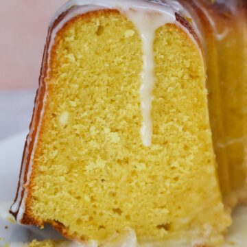 a slice of lemon bundt cake up close.
