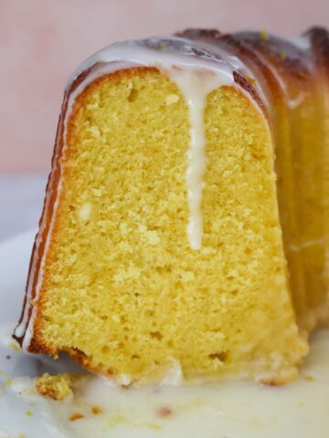 a slice of lemon bundt cake up close.