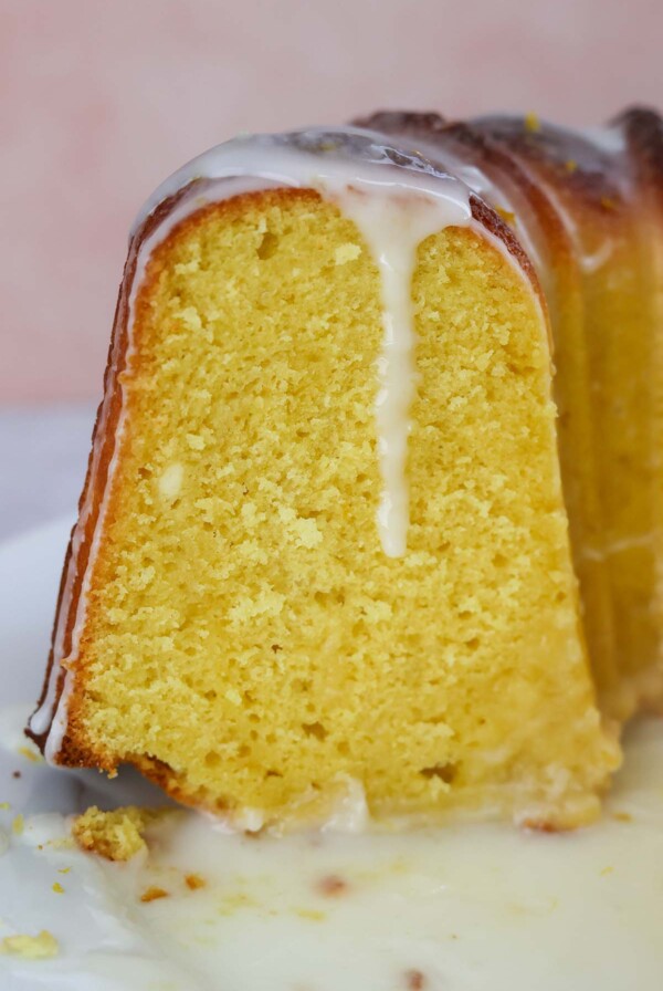 a slice of lemon bundt cake up close.