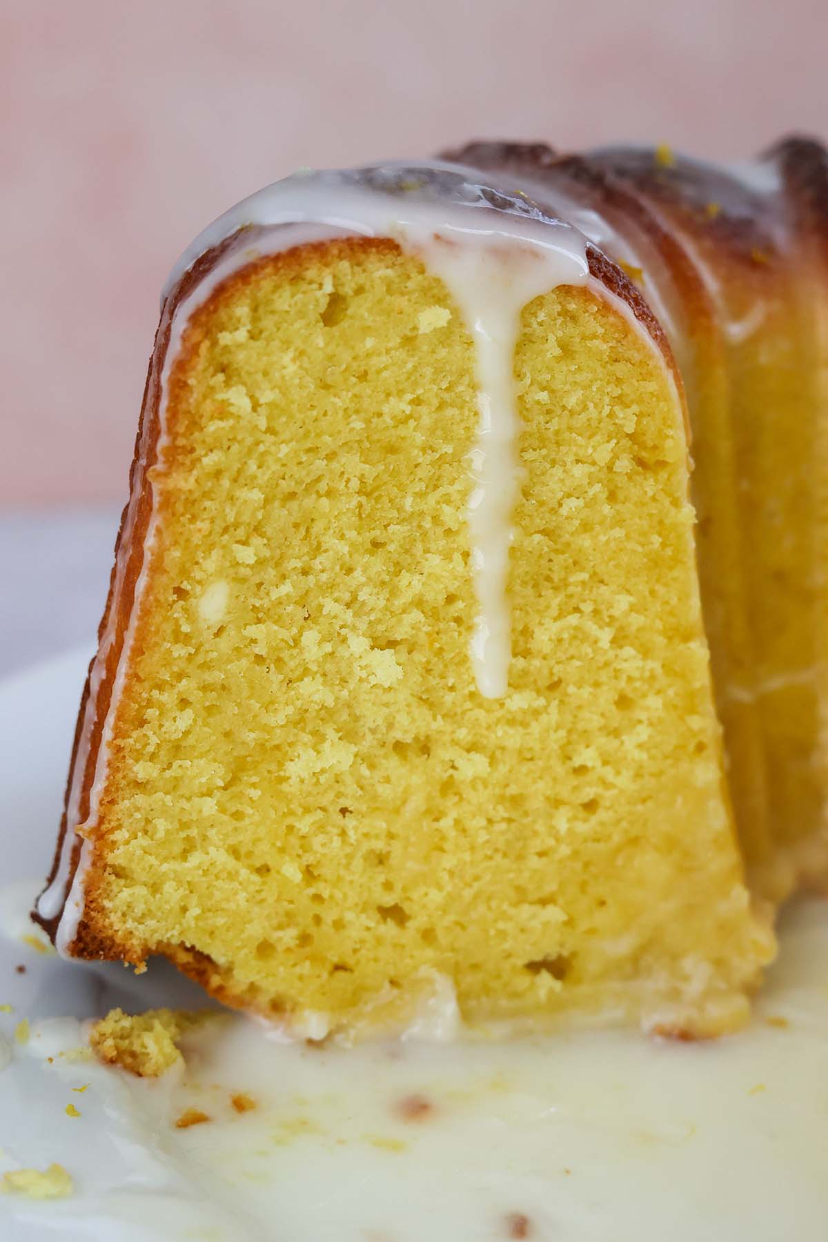 a slice of lemon bundt cake up close. 