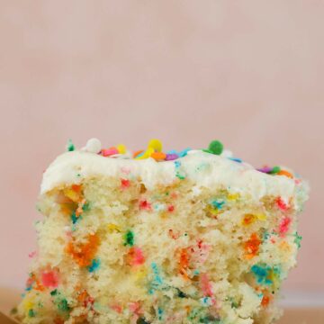 a slice of funfetti cake up close.