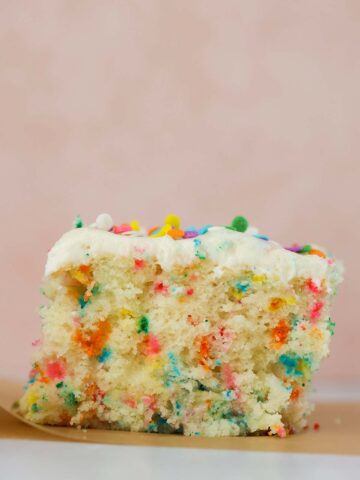 a slice of funfetti cake up close.