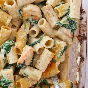 shrimp alfredo bake up close.