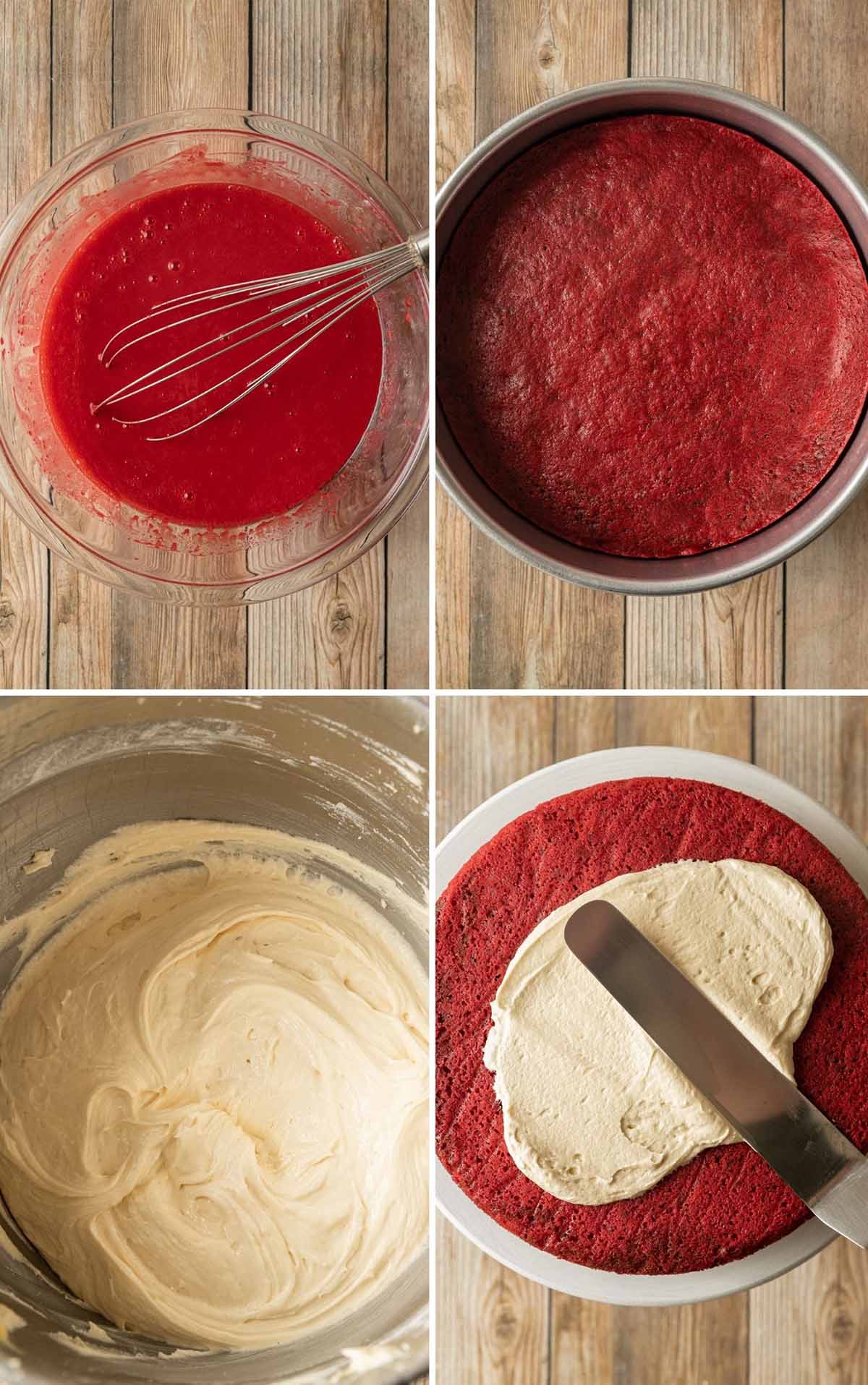 Four photo collage showing how to make and frost Southern red velvet cake. 