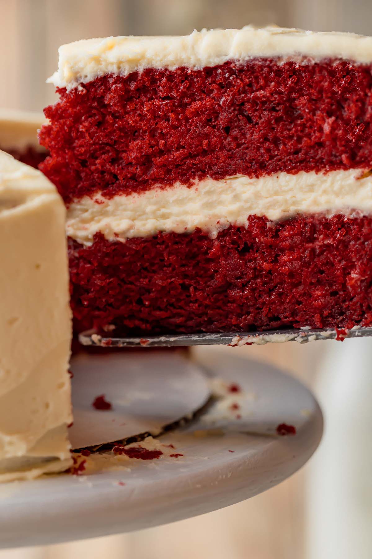 A slice of red velvet cake up close. 
