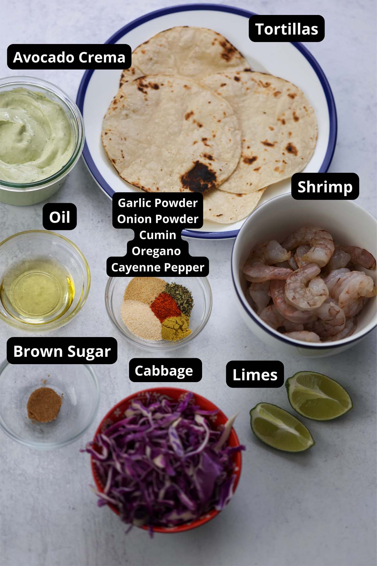 labeled ingredients for shrimp tacos. 