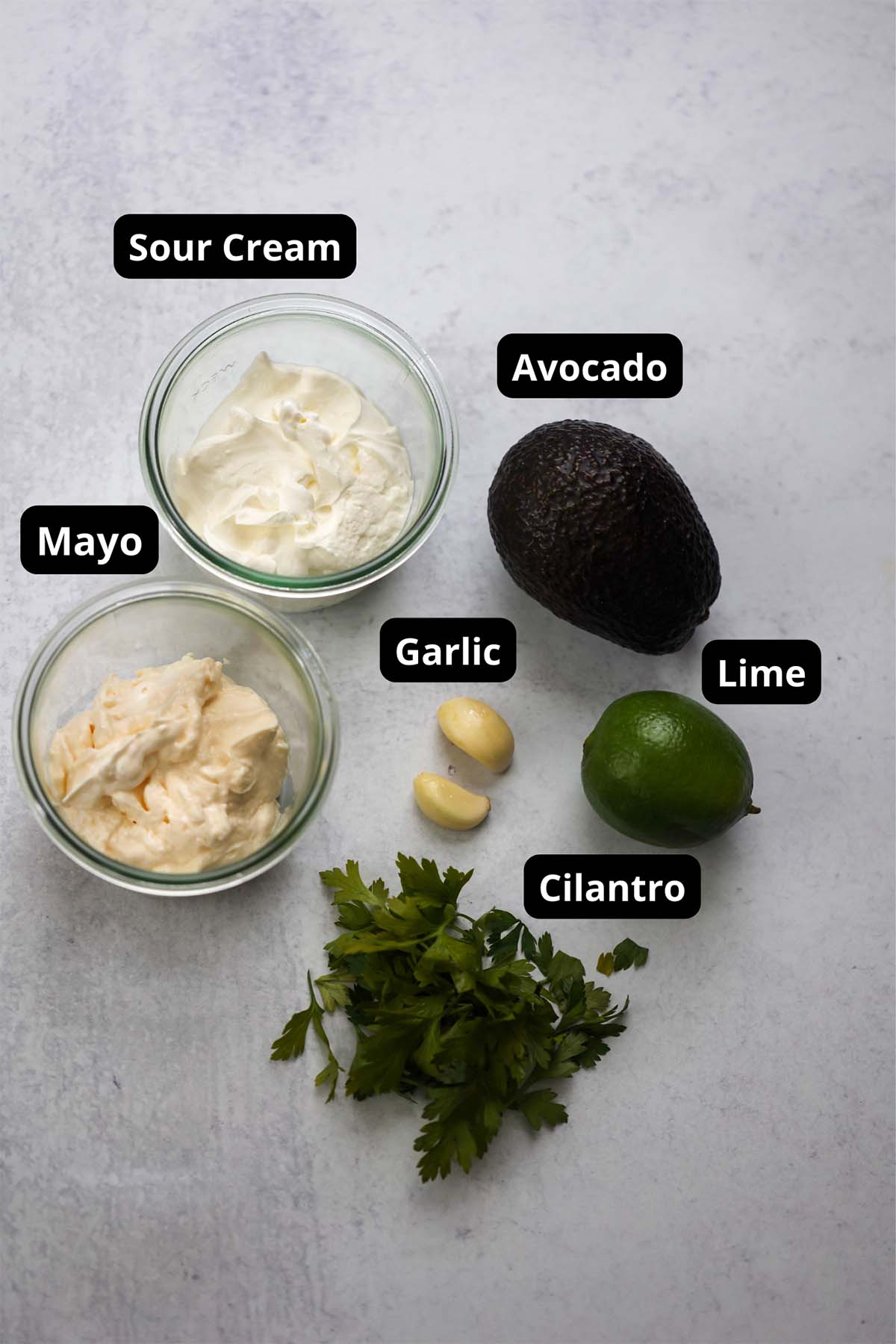 Labeled ingredients for avocado crema. 