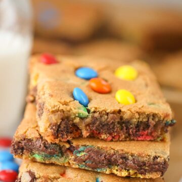 Three M&Ms chocolate chip cookie bars up close.