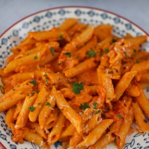 penne alla vodka on a plate.
