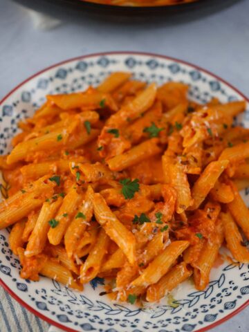 penne alla vodka on a plate.