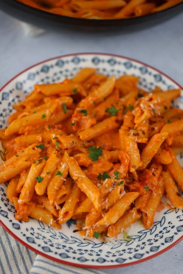 penne alla vodka on a plate.