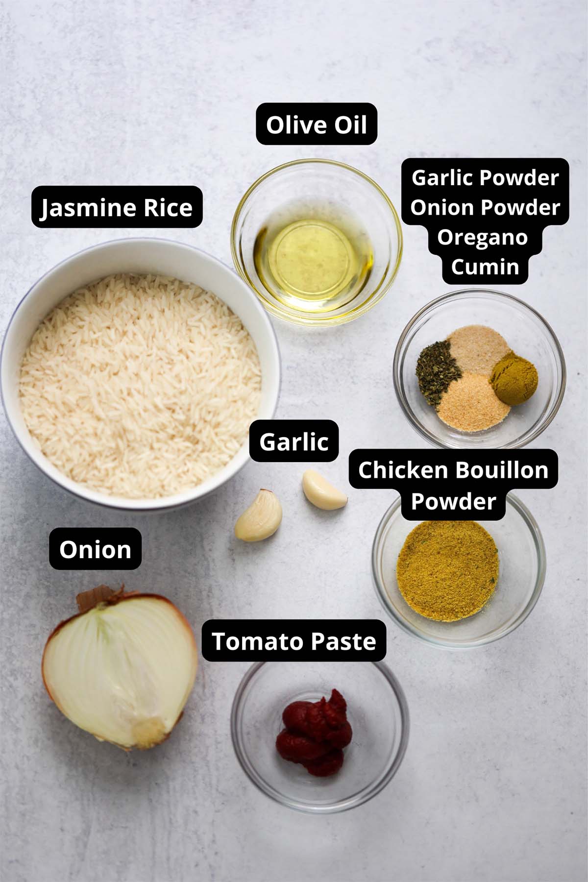 Labeled ingredients for yellow rice. 