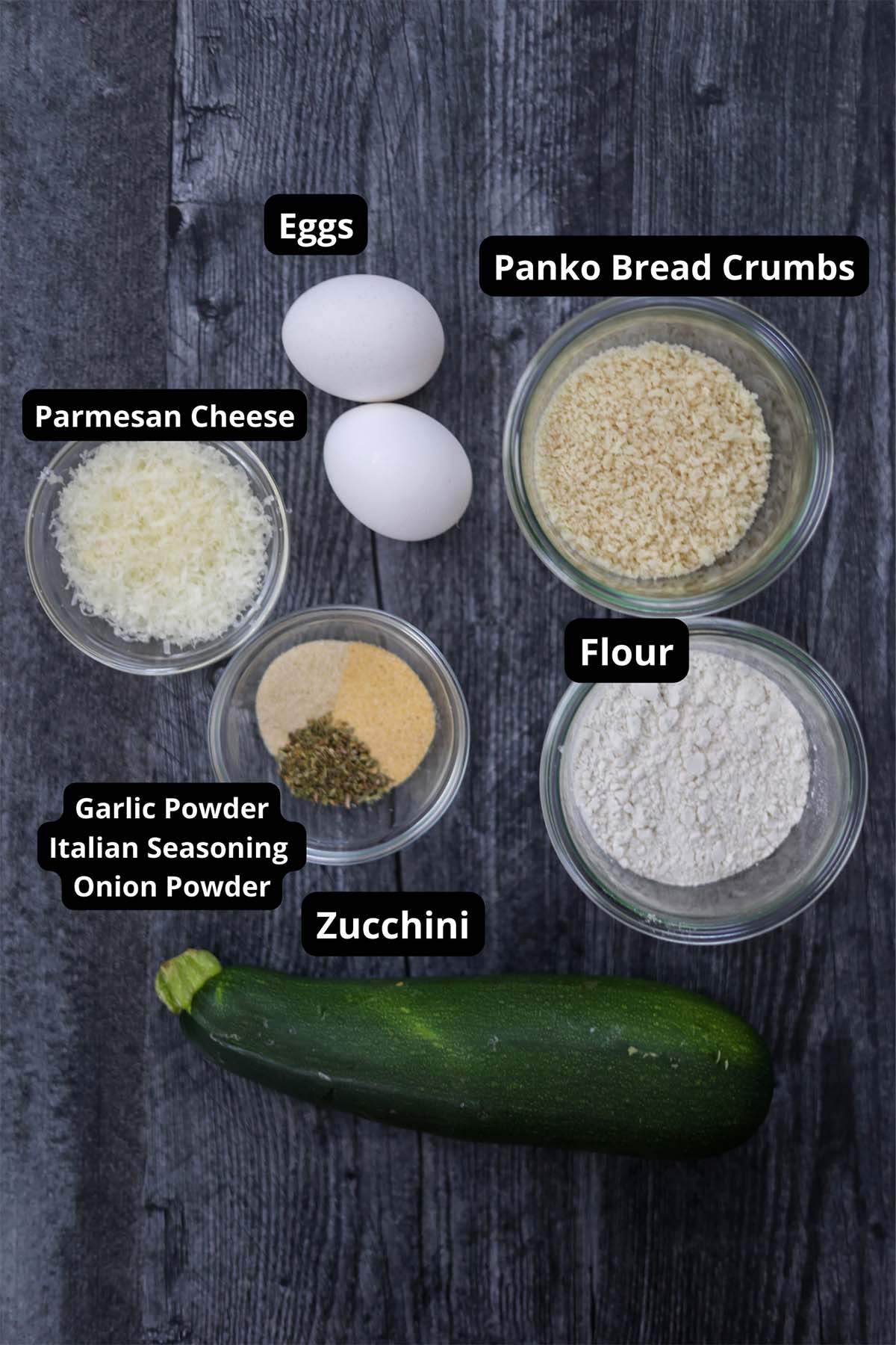 labeled ingredients for zucchini chips. 