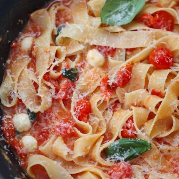 cherry tomato pasta with basil and cheese on top.
