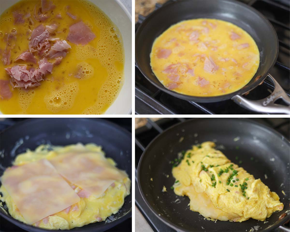 a four photo collage showing how to make a ham and cheese omelet. 