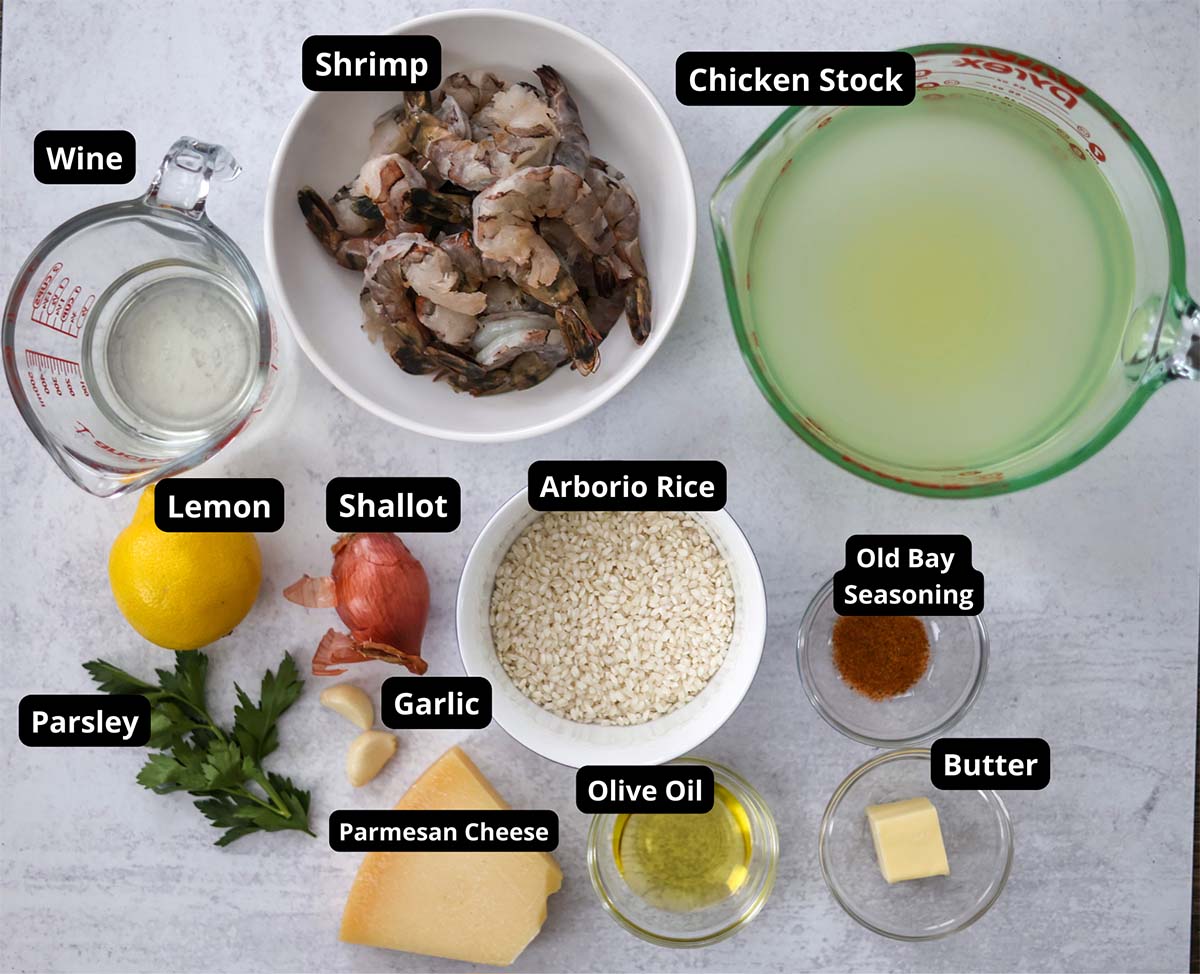 labeled ingredients for shrimp risotto recipe. 