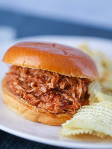 Pulled BBQ chicken sandwich with potato chips on the side.