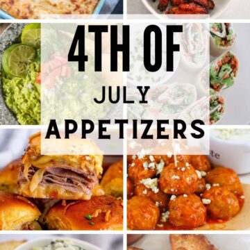 8 photo collage with 4th of july appetizers and font.