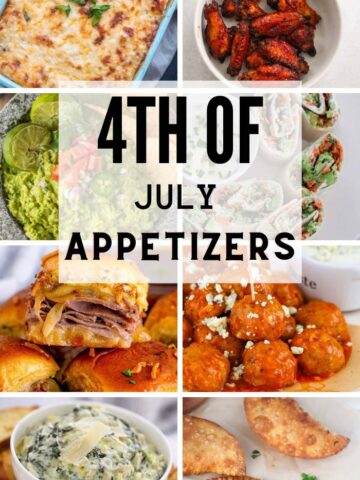 8 photo collage with 4th of july appetizers and font.