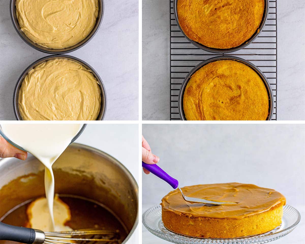 four photo collage showing how to make caramel cake. 