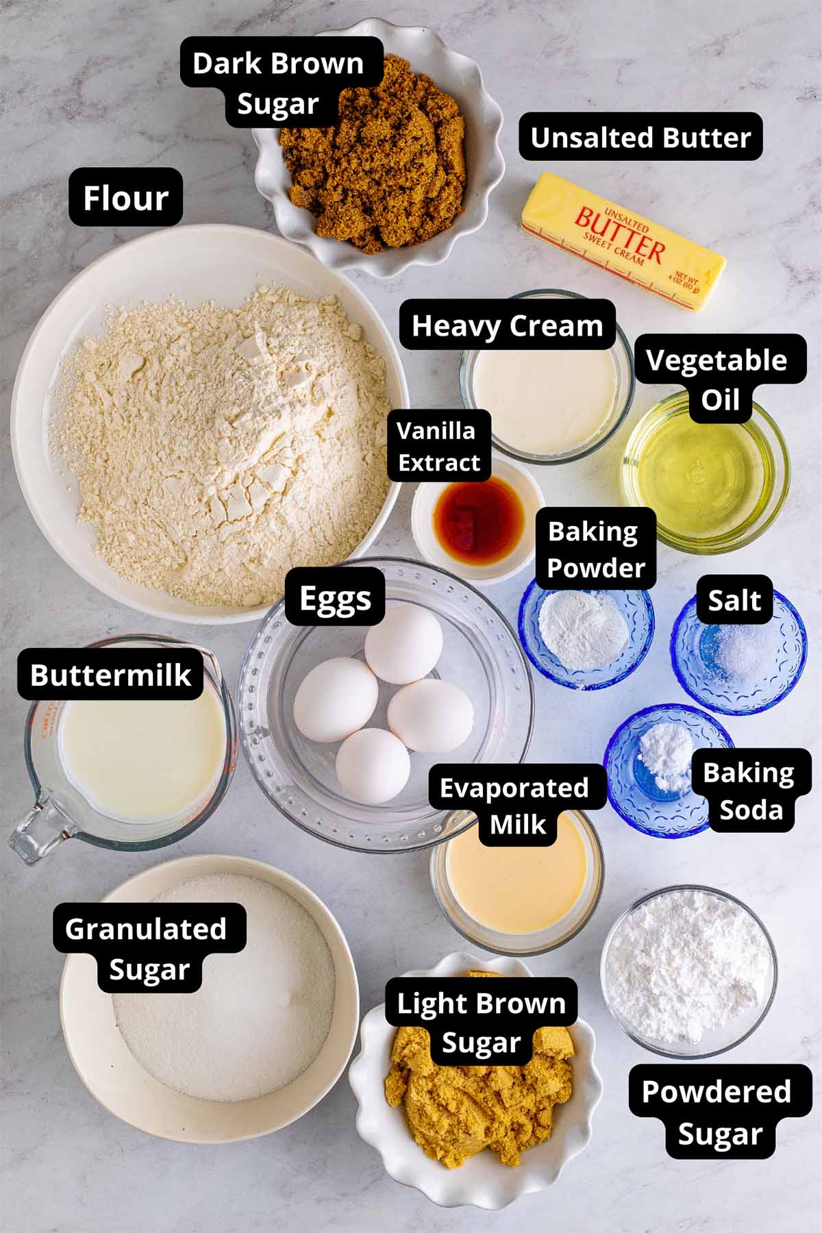 labeled ingredients for caramel cake. 