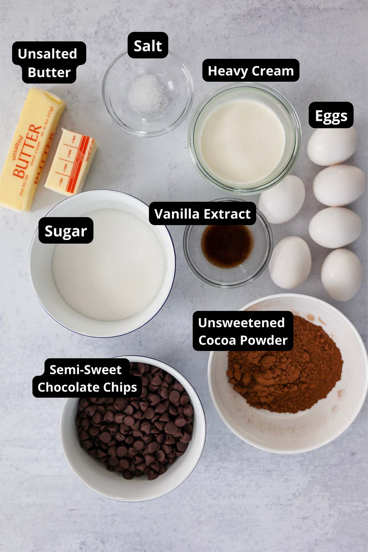 labeled ingredients for flourless chocolate cake. 