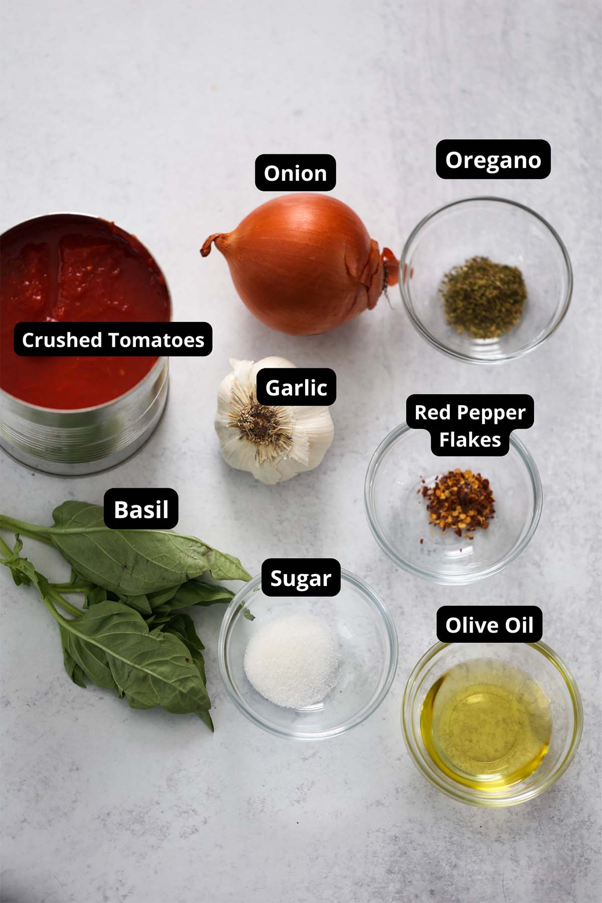 labeled ingredients for marinara sauce. 