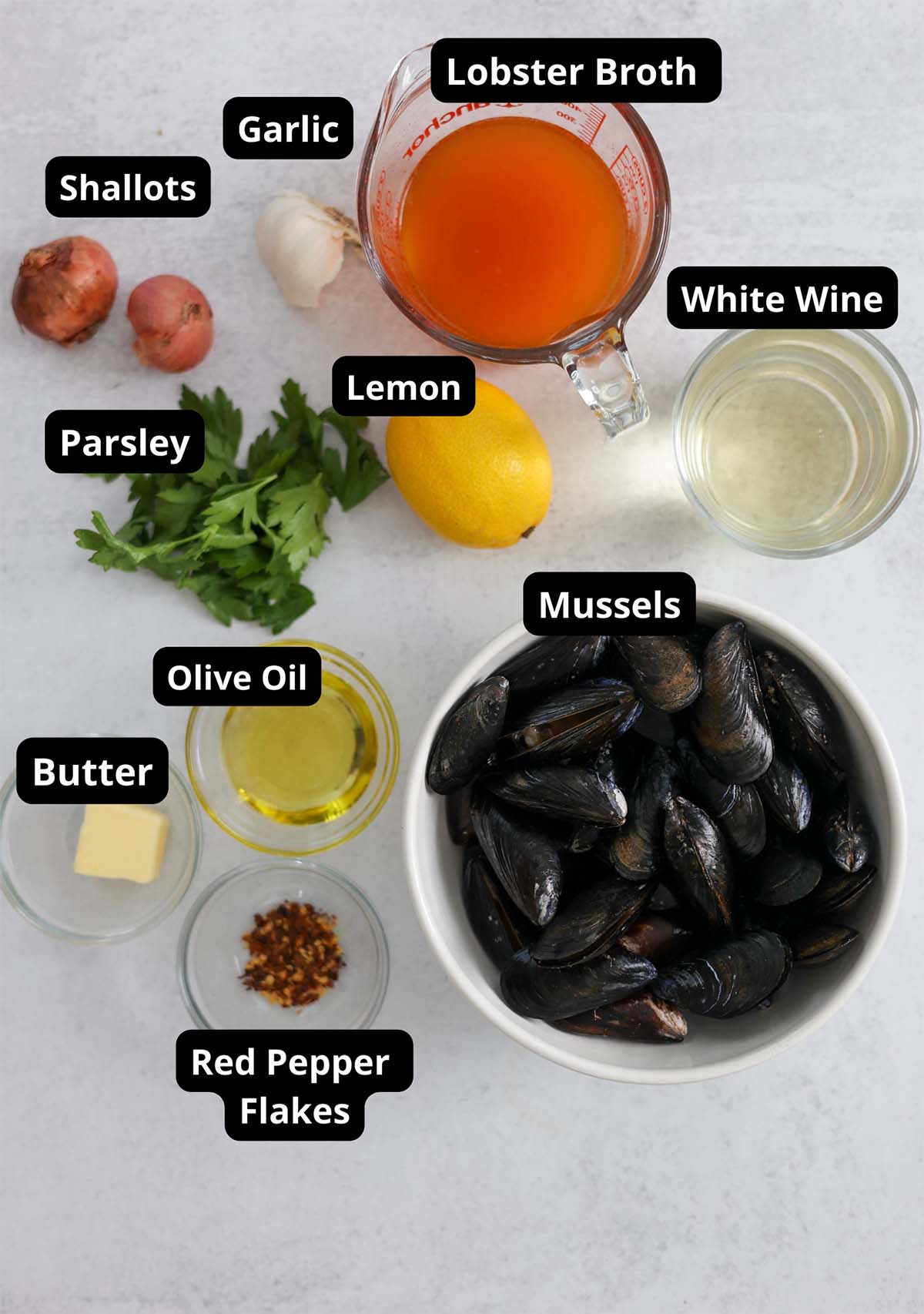 labeled ingredients for mussels. 
