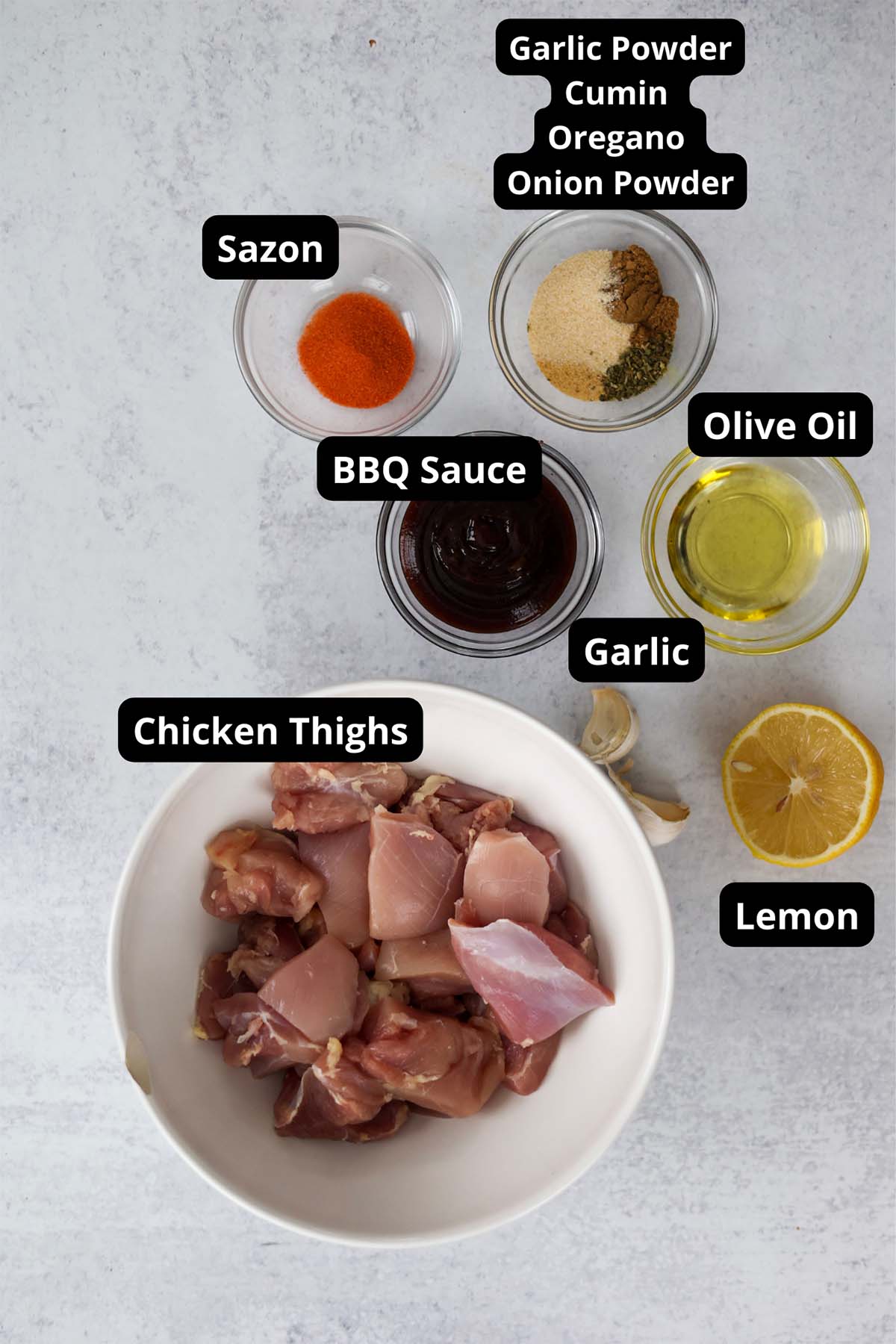 labeled ingredients for chicken skewers. 