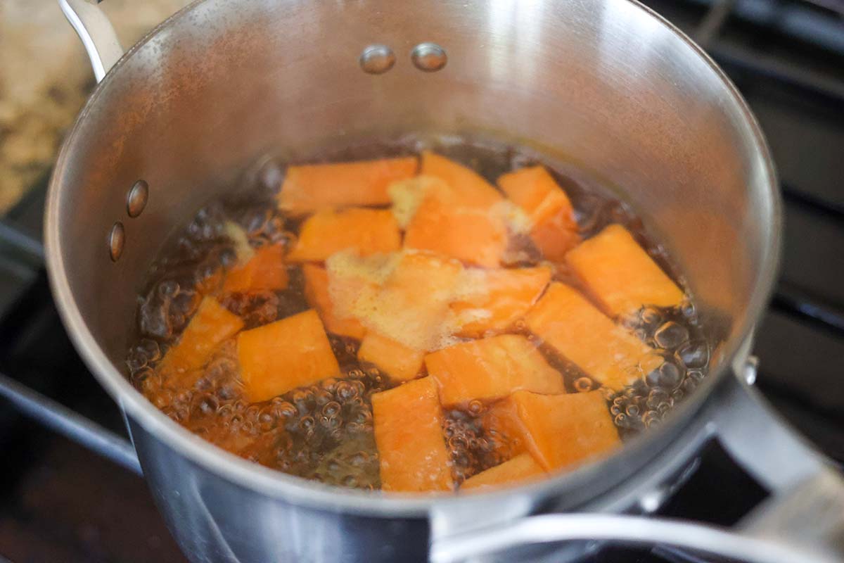 sweet potato cubes boiling in water. 