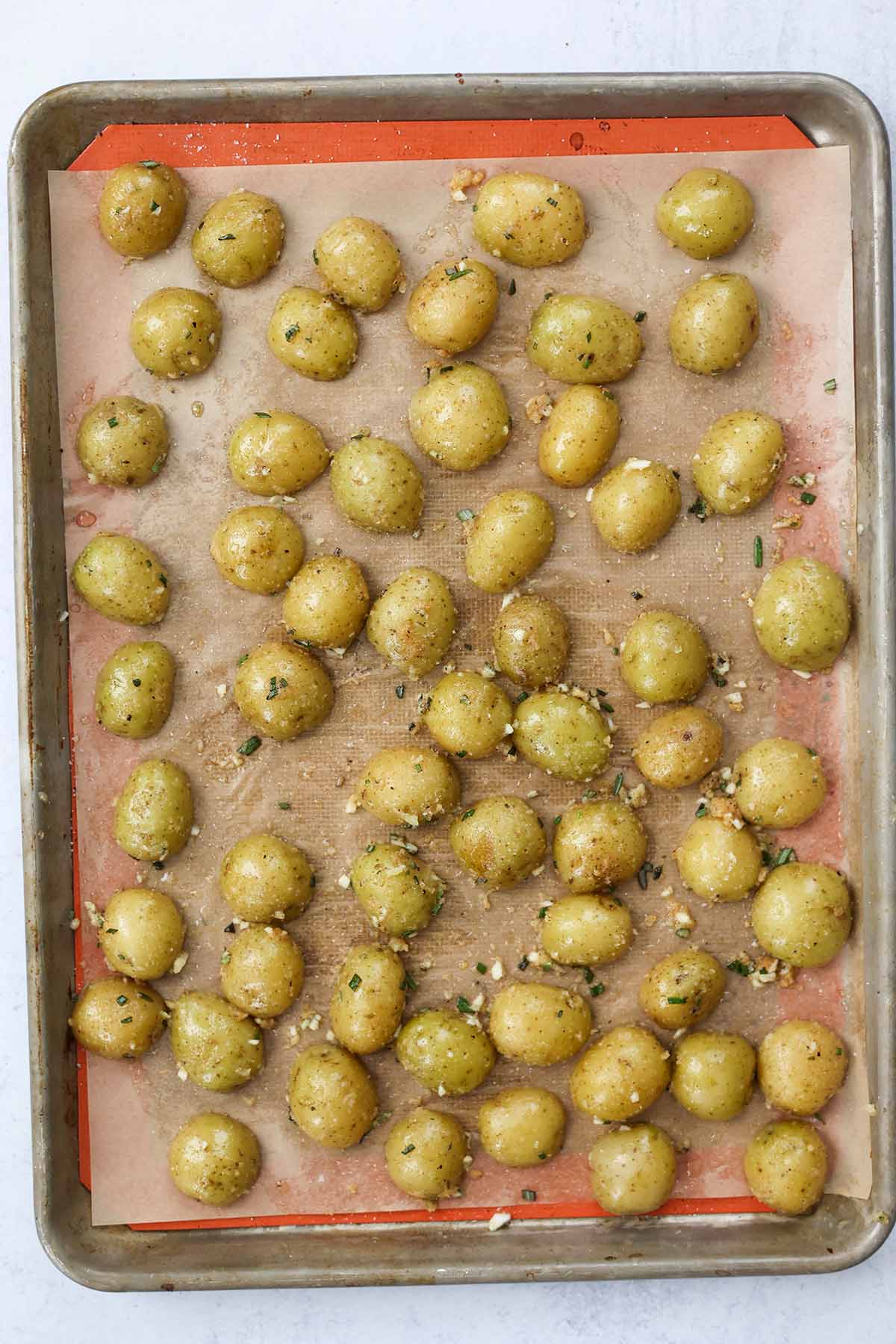baby potatoes on a baking sheet. 