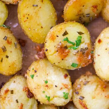 roasted baby potatoes up close.