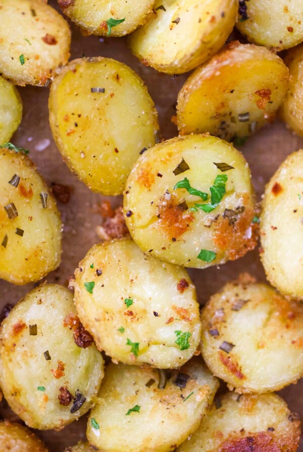 roasted baby potatoes up close.