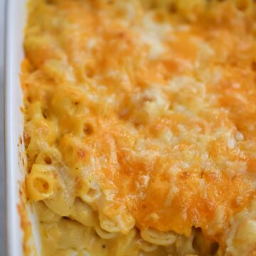 butternut squash mac and cheese in a casserole.