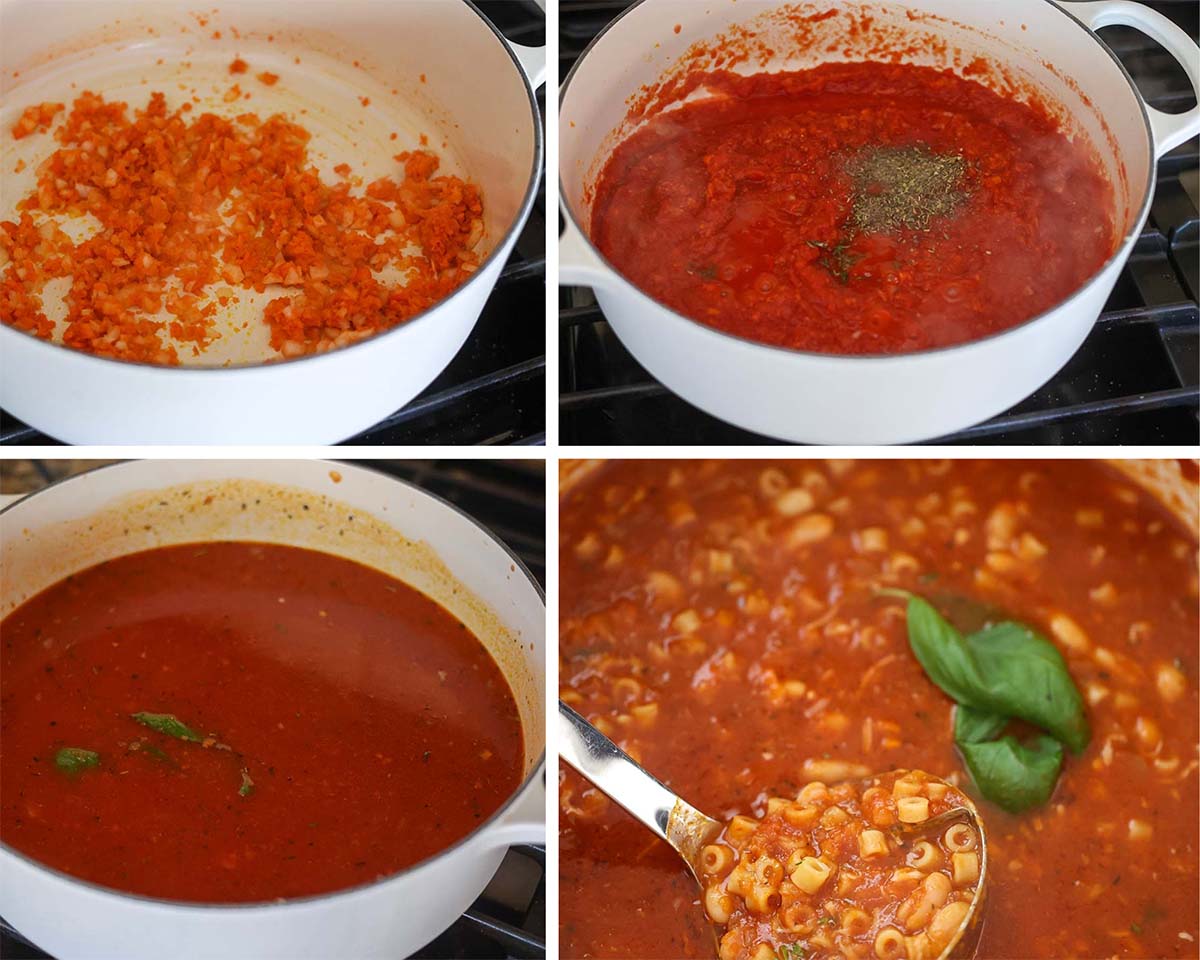four photo collage showing how to make pasta fagioli soup. 