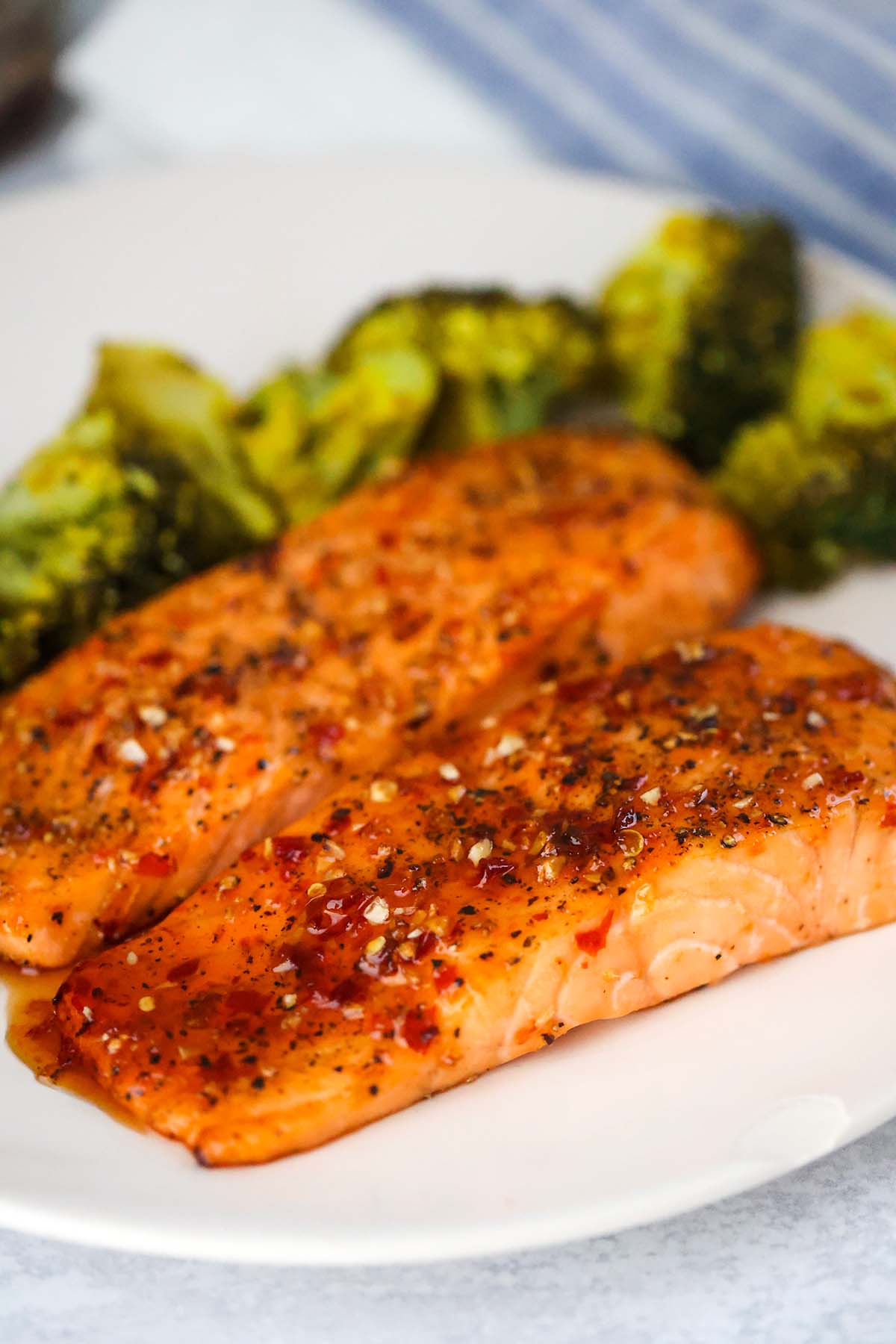 air fryer honey glazed salmon with broccoli on the side. 