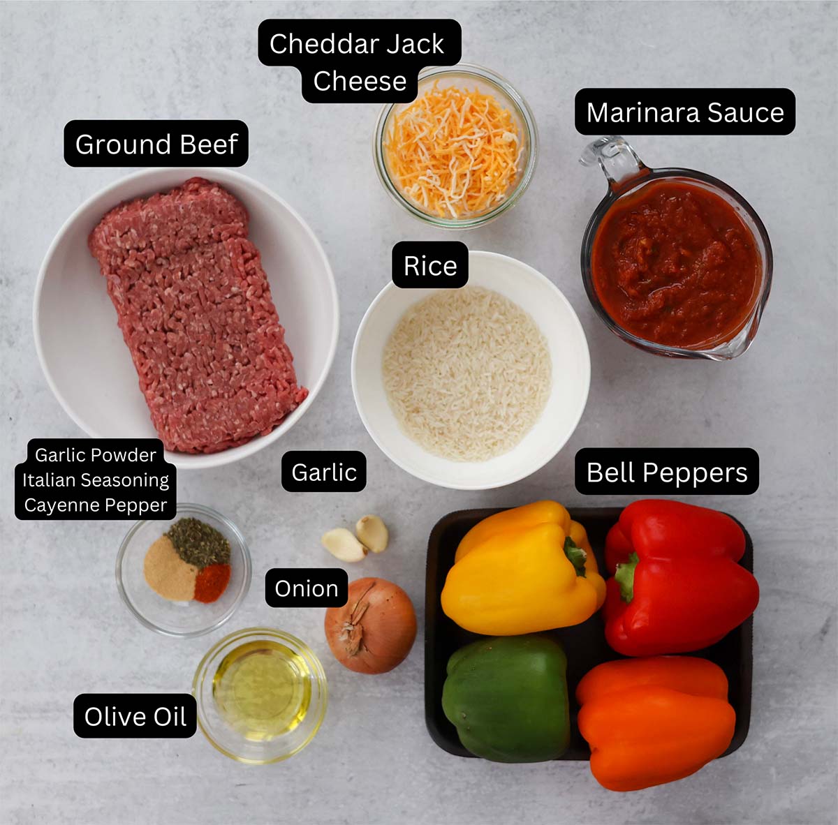 Labeled and measured recipe ingredients. 