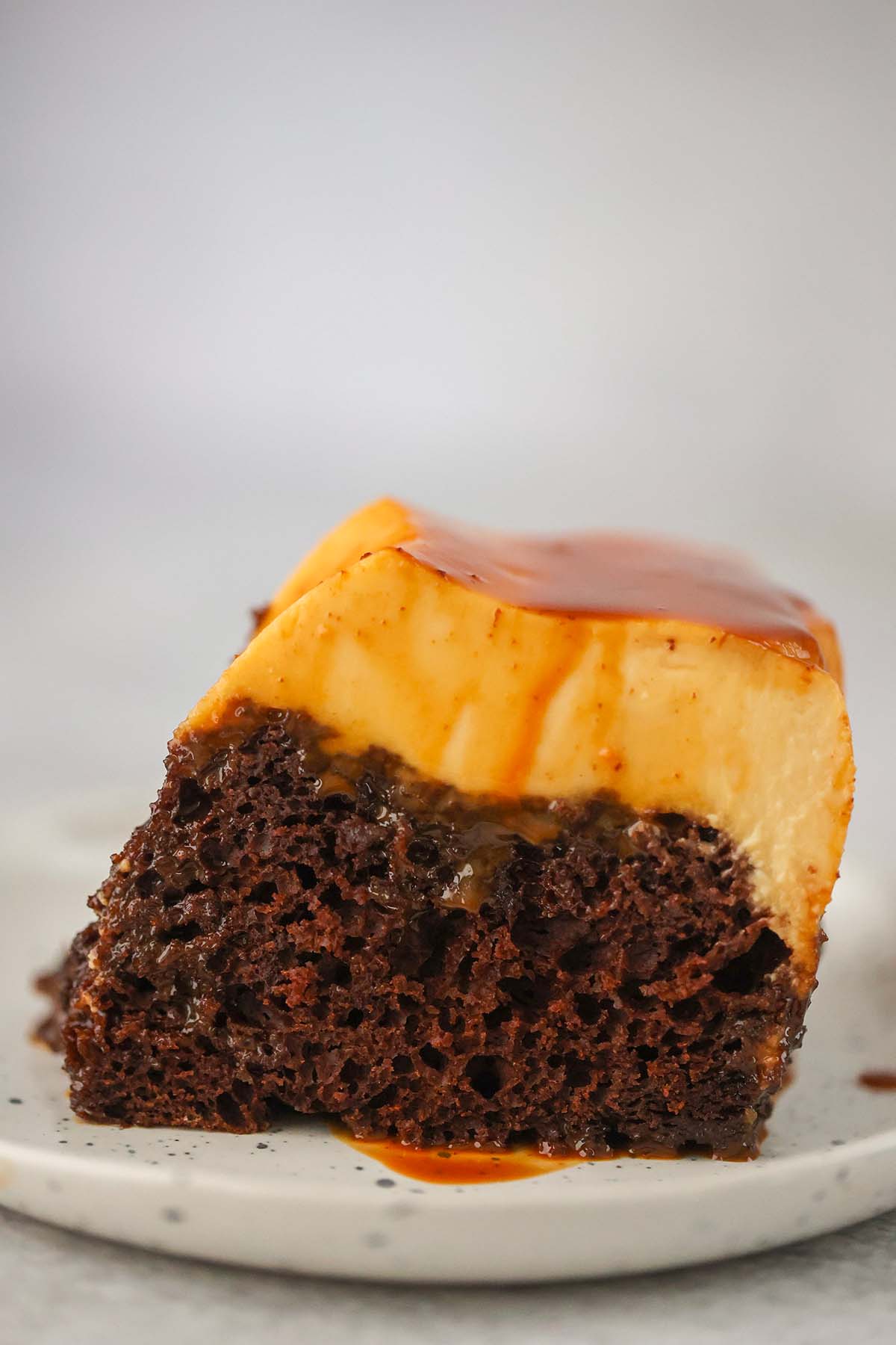 slice of chocoflan on a plate. 