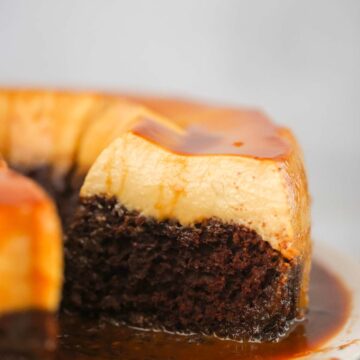 sliced chocoflan on a plate up close.