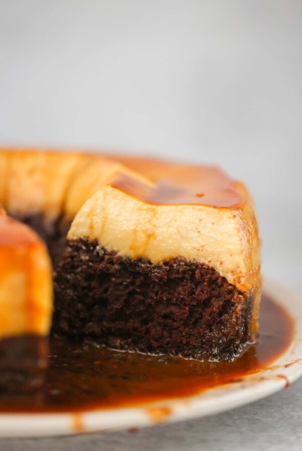 sliced chocoflan on a plate up close.