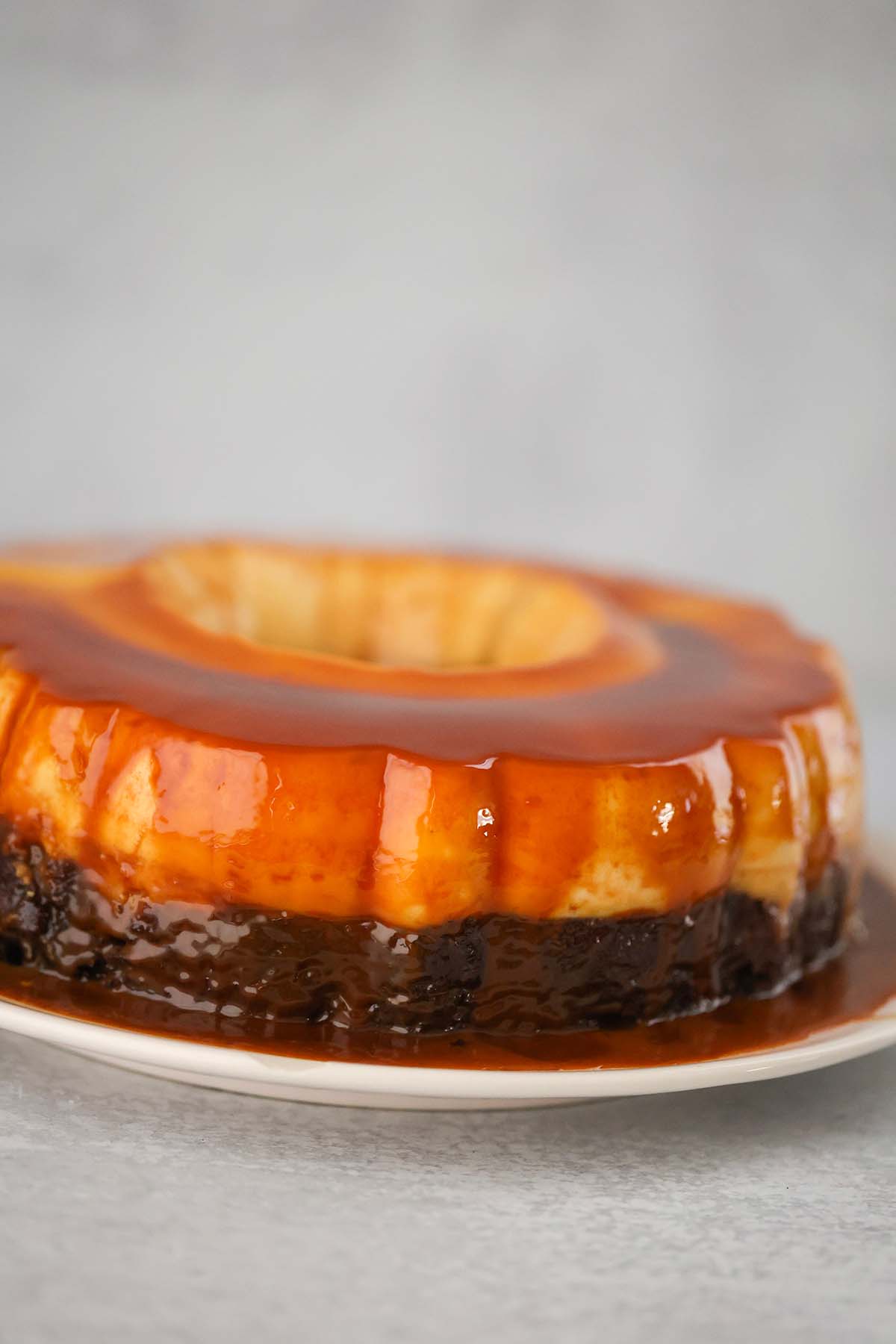 a whole chocoflan on a plate. 