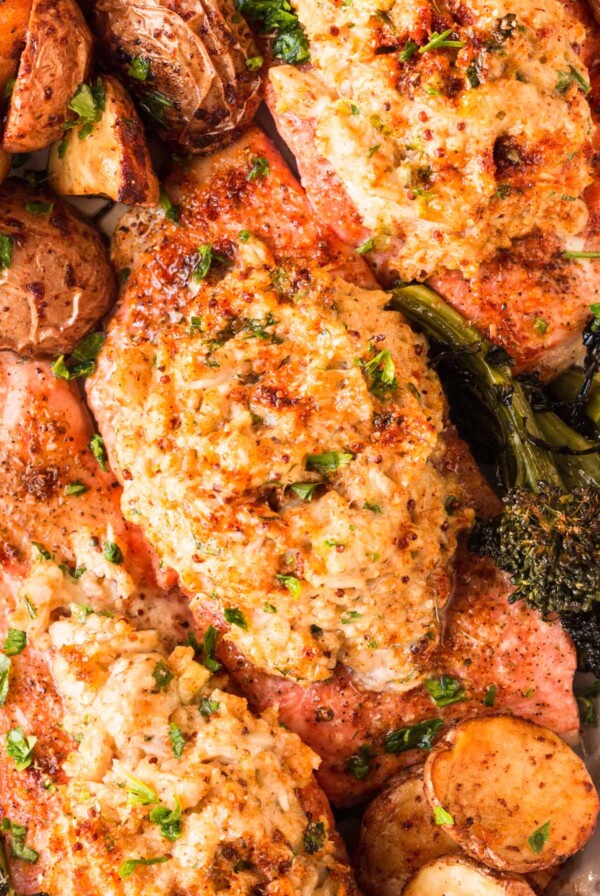 crab stuffed salmon fillets up close.