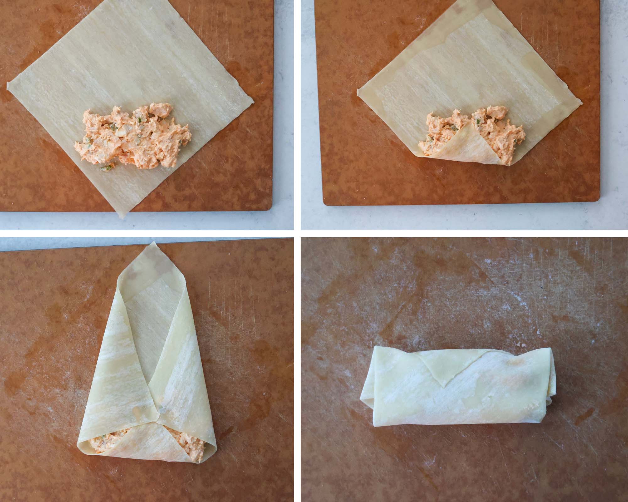 four photo collage showing how to wrap the egg rolls. 