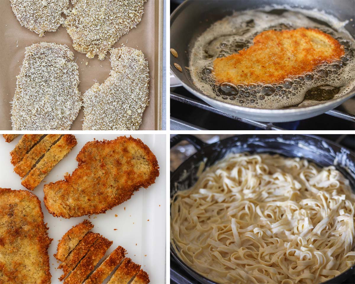 four photo collage showing breaded chicken, chicken frying in a skillet, and pasta and Alfredo sauce in a skillet. 